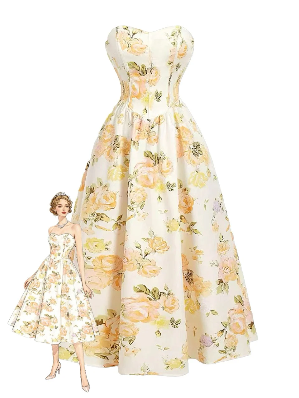 Longue robe bustier jaune motif floral années 1930