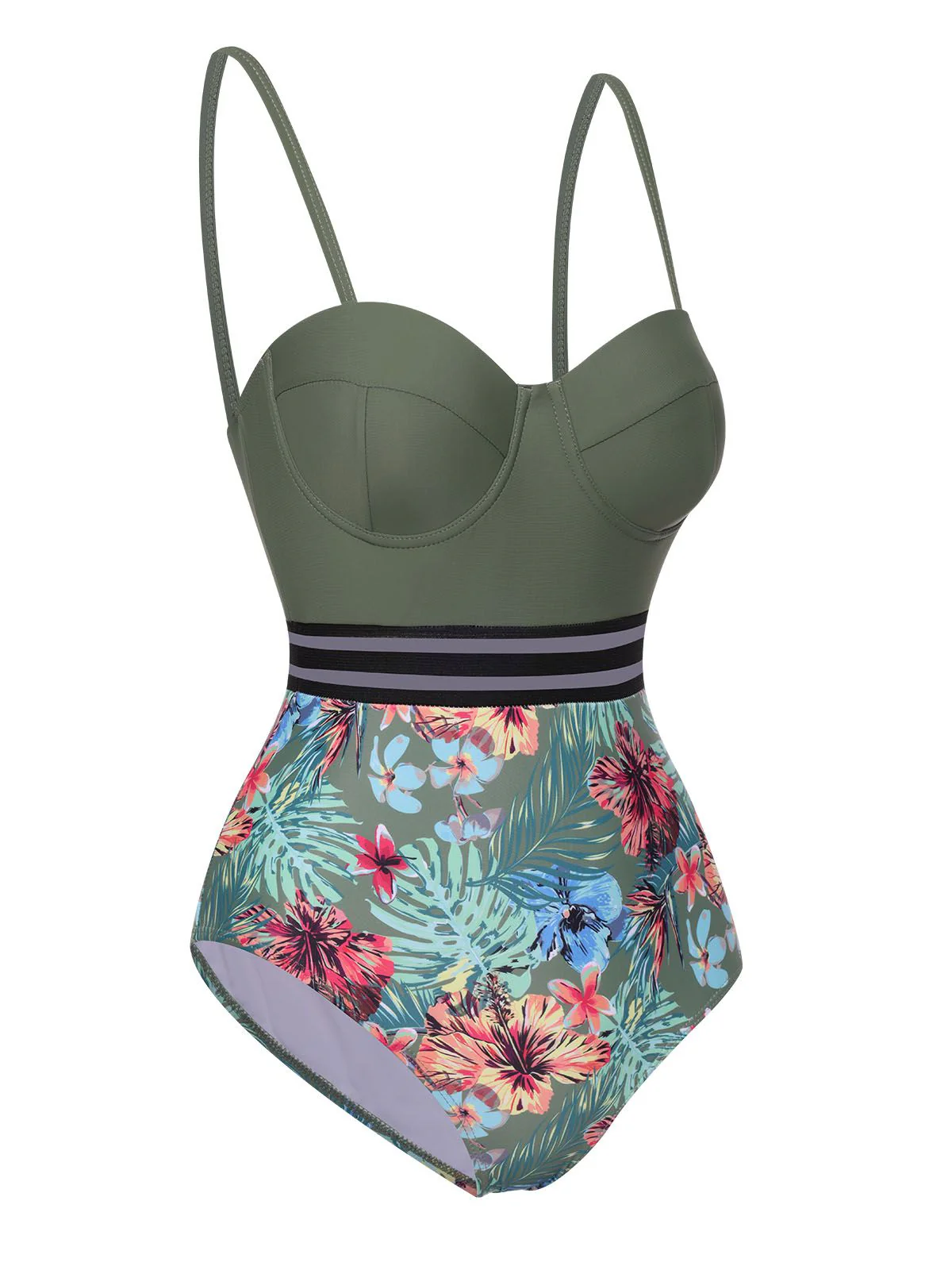 Maillot de bain à bretelles en patchwork tropical vert des années 1970 - Image 3