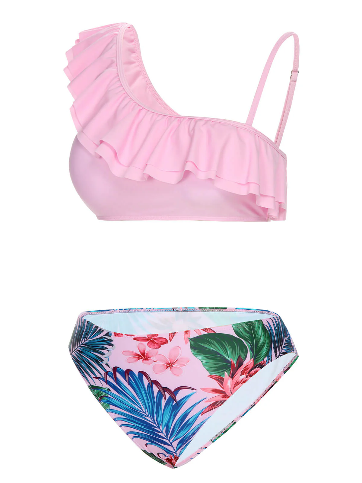Maillot de bain à volants rose avec plantes tropicales des années 1960 - Image 2