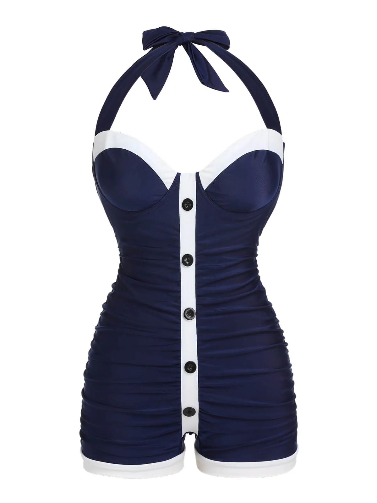Maillot de bain bleu marine à licou plissé années 1950 - Image 4