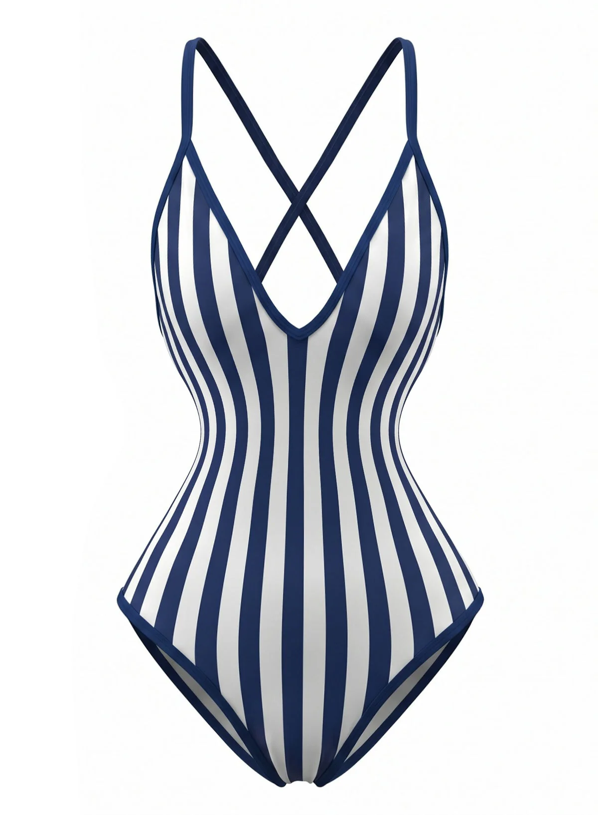 Maillot de bain bleu marine rayures et dos croisé années 80