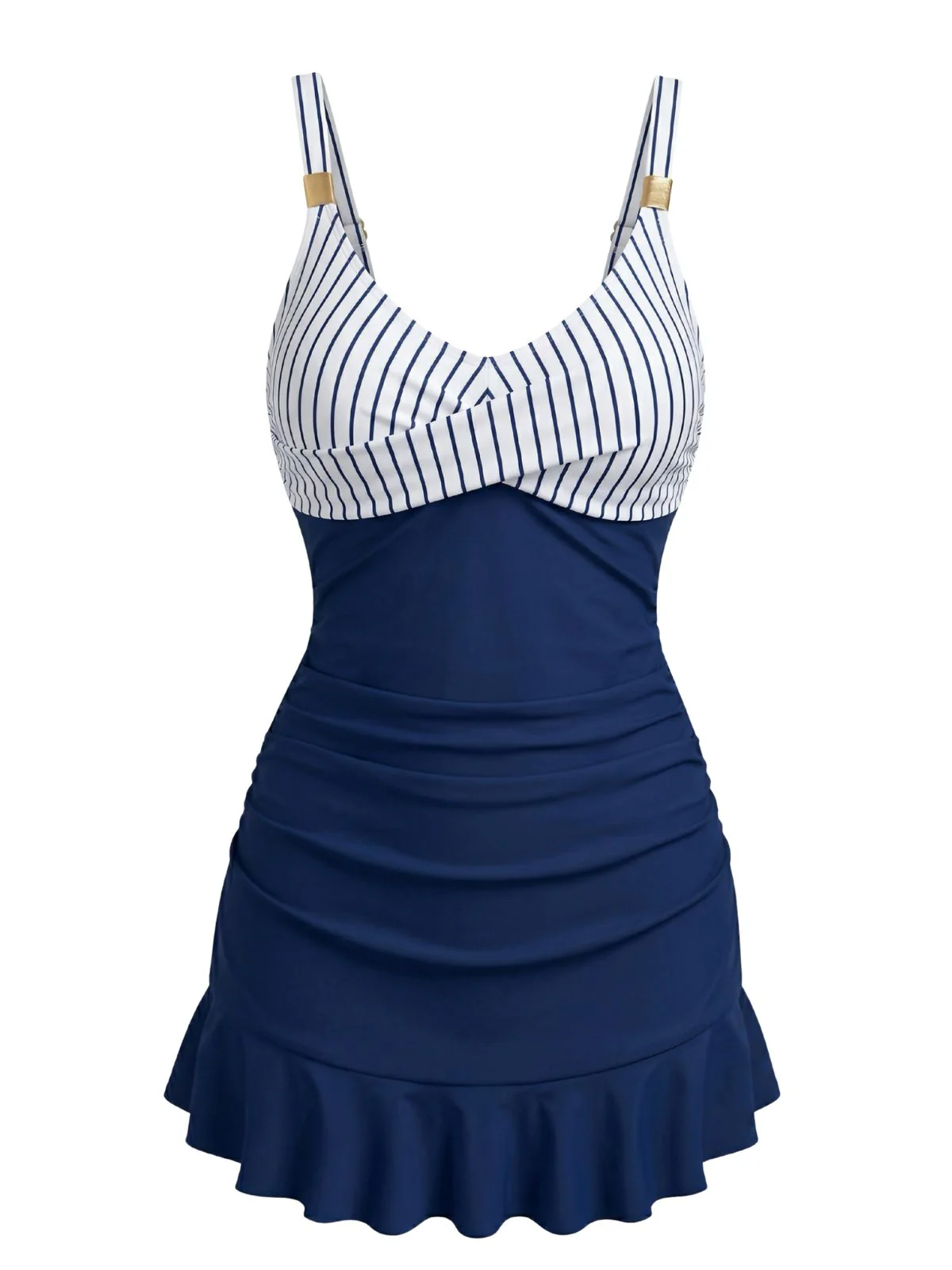 Maillot de bain bleu rayé froncé et gainant années 1940 - Image 2