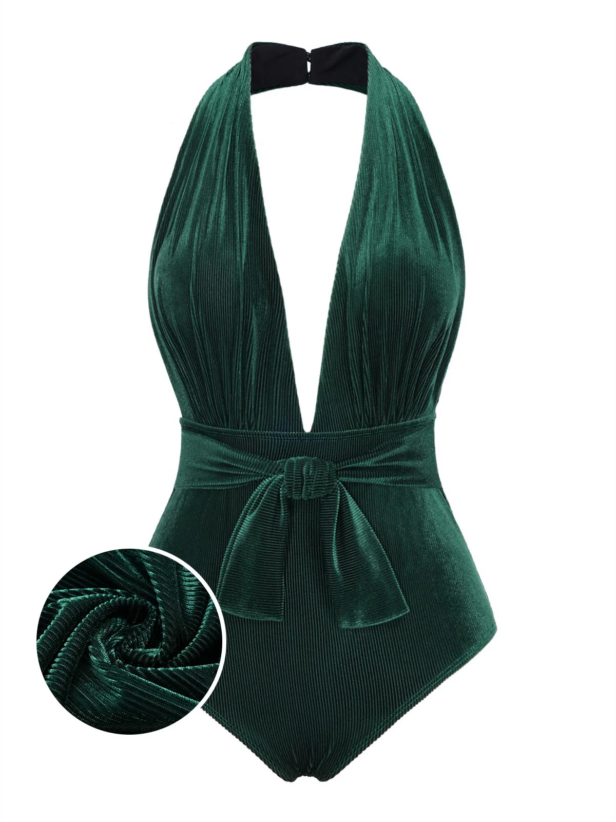 Maillot de bain col V profond en velours vert foncé des années 1970 - Image 2