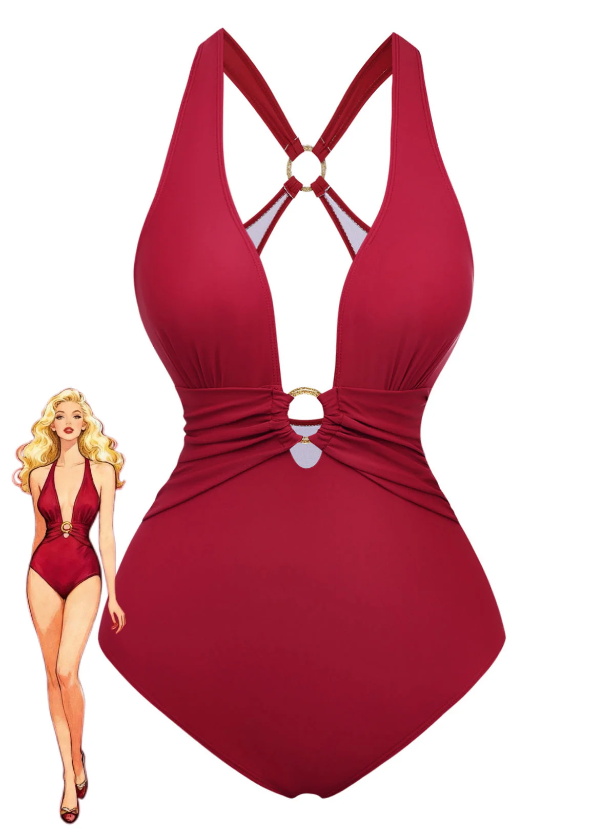 Maillot de bain décolleté plongeant fronces anneau métallique années 1960