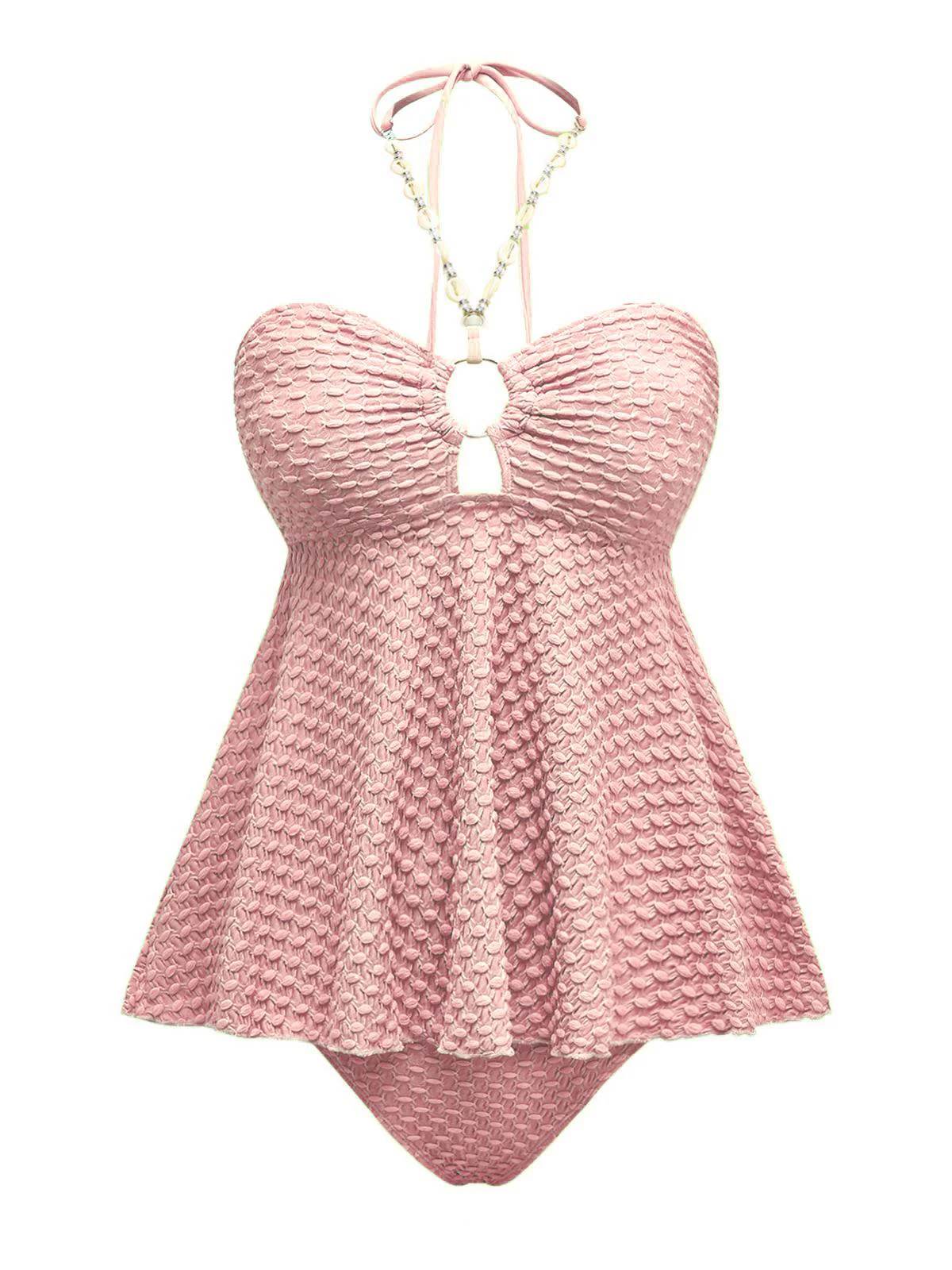 Maillot de bain dos nu à lacets et chaîne coquillages des années 1940
