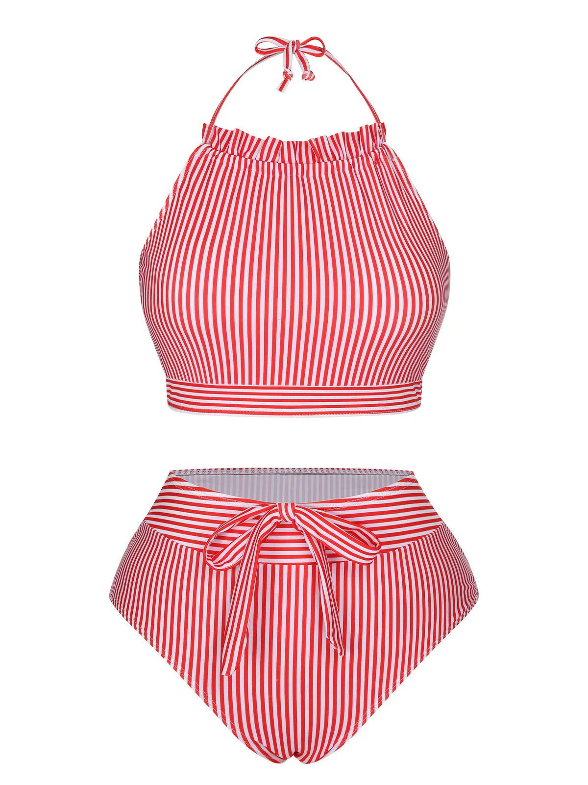 Maillot de bain dos nu à nœud rayé rouge et blanc des années 1930