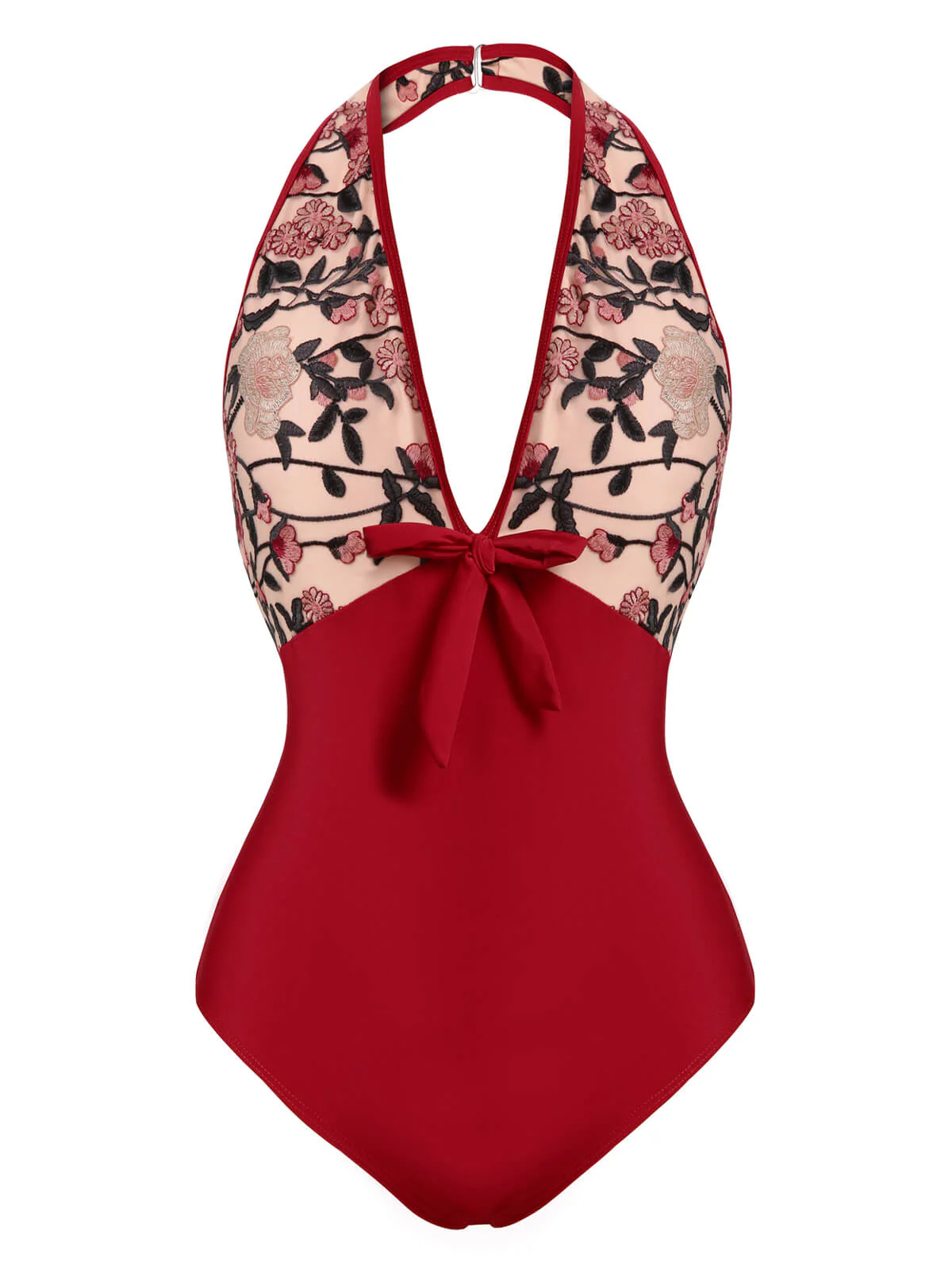 Maillot de bain dos nu fleuri rouge vin des années 1950 - Image 2