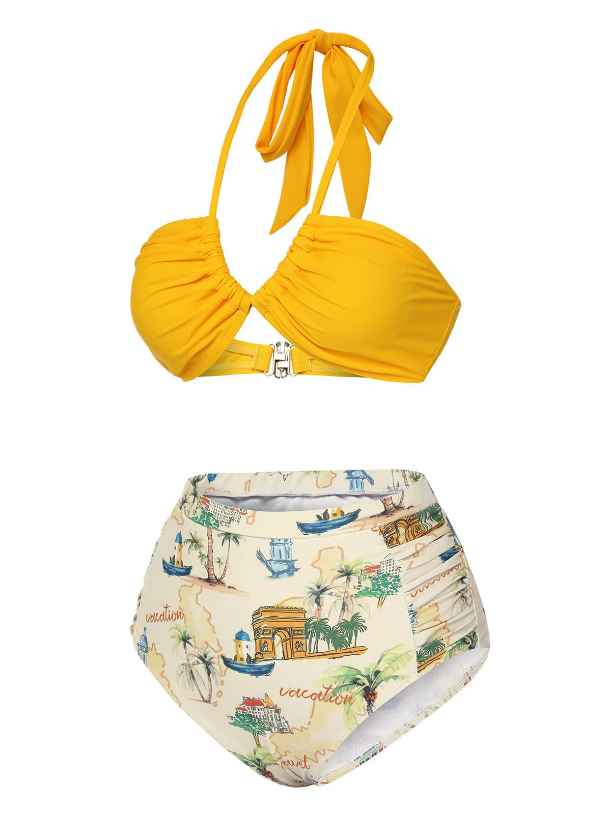 Maillot de bain dos nu jaune à motif vocation rétro des années 1970 - Image 3