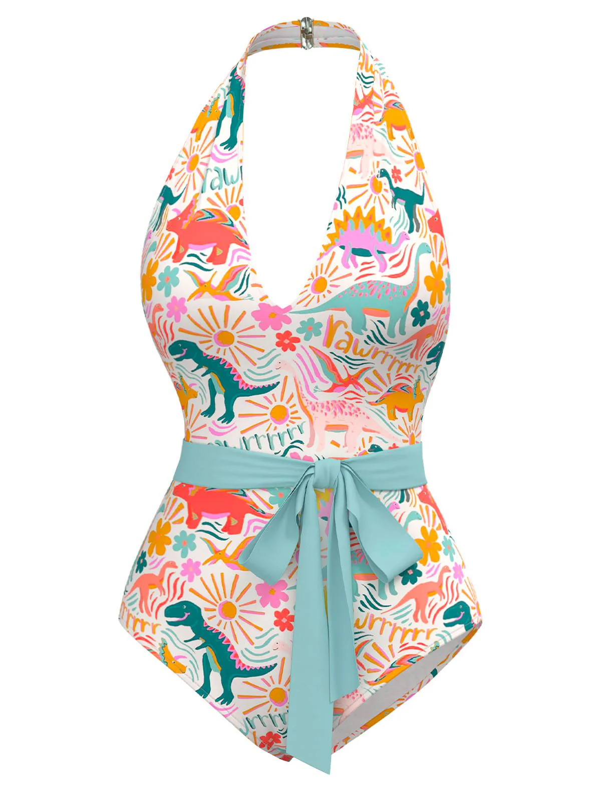 Maillot de bain dos nu multicolore imprimé dinosaures des années 1950 - Image 2
