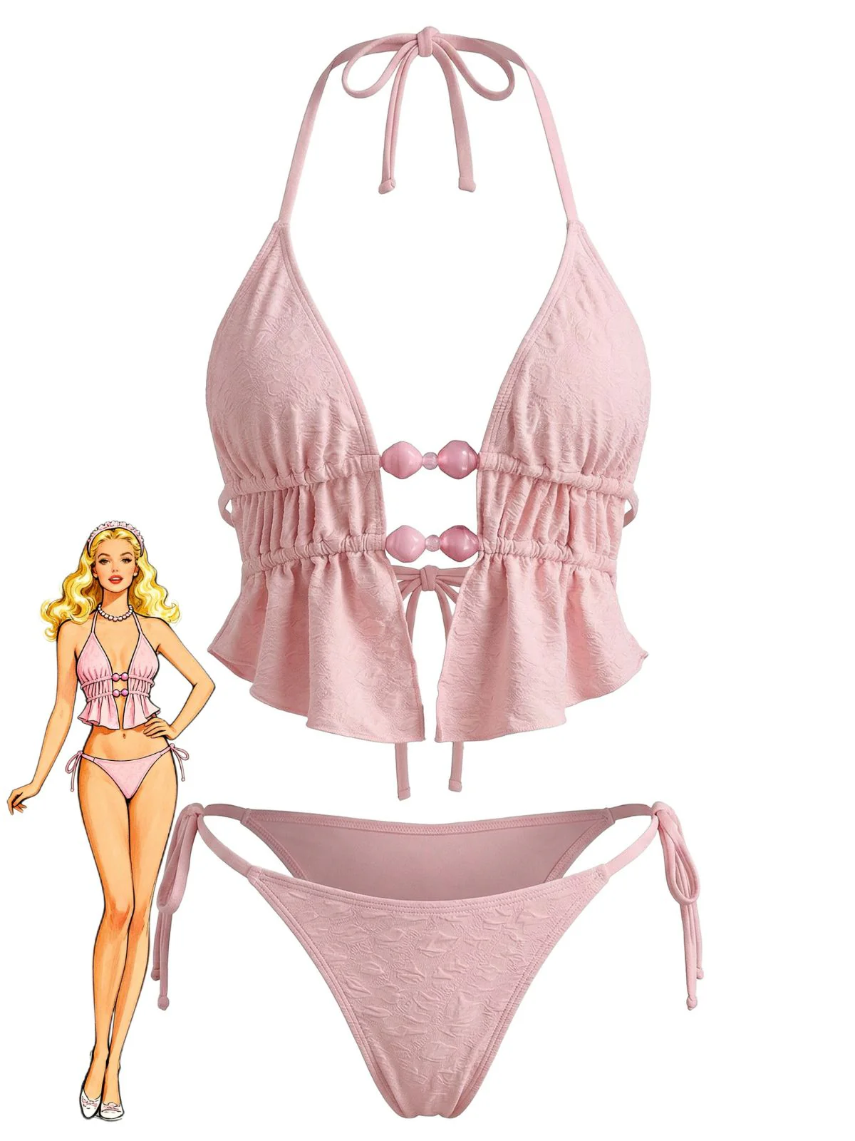 Maillot de bain dos nu perlé jacquard rose 1950s