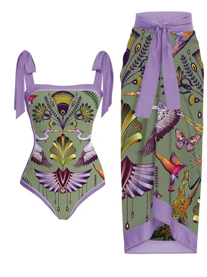 Maillot de bain et cache maillot à lacets motif d'animaux style tribal années 1950