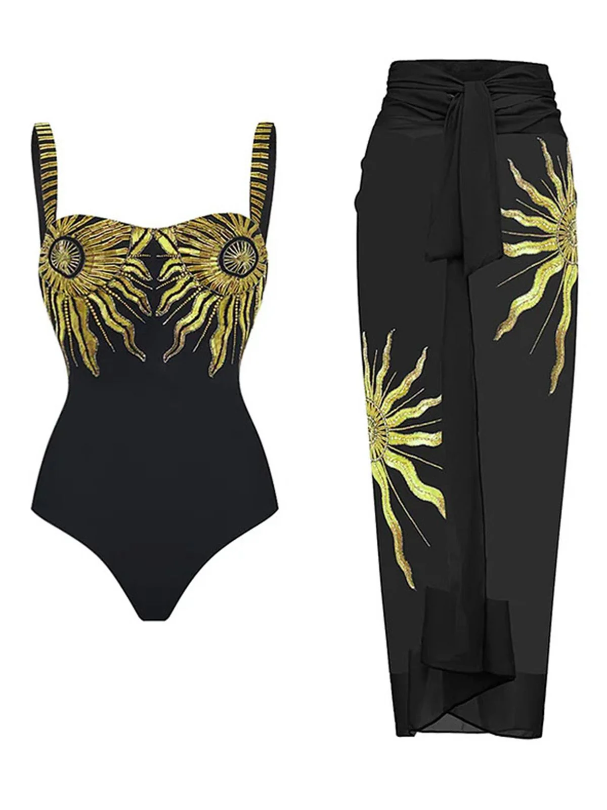 Maillot de bain et paréo dos nu à paillettes noires motif tournesol années 1950 - Image 2