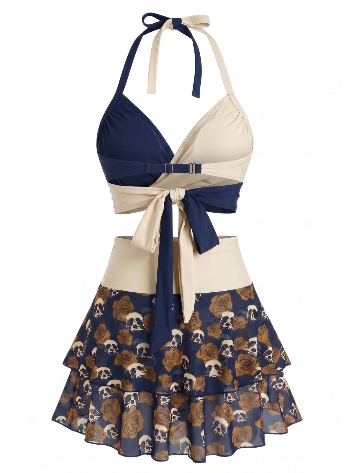 Maillot de bain jupe dos nu noir et rouge motif tête de mort et roses années 1980 - Image 10