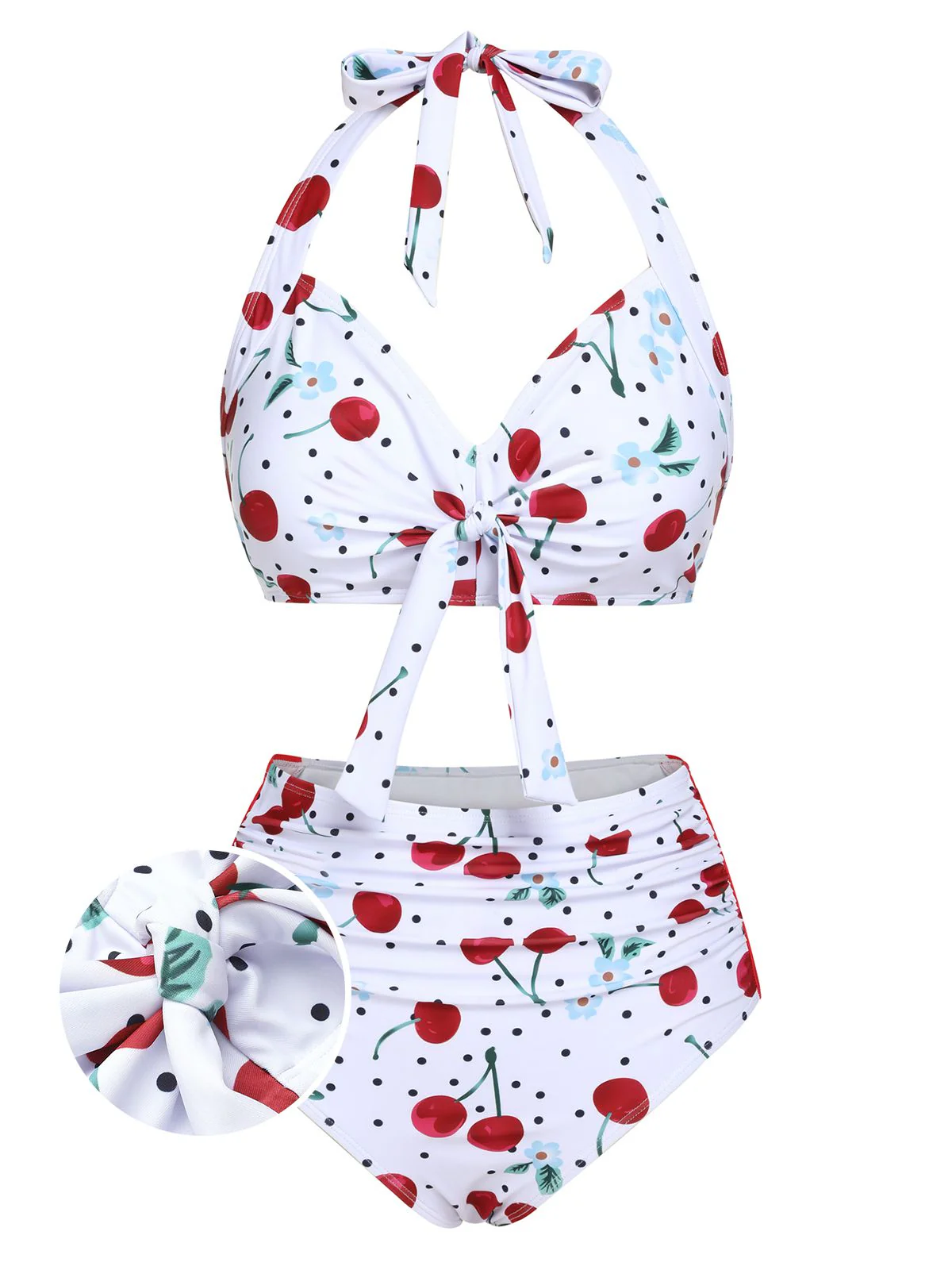 Maillot de bain licou à lacets blanc cerise des années 1950