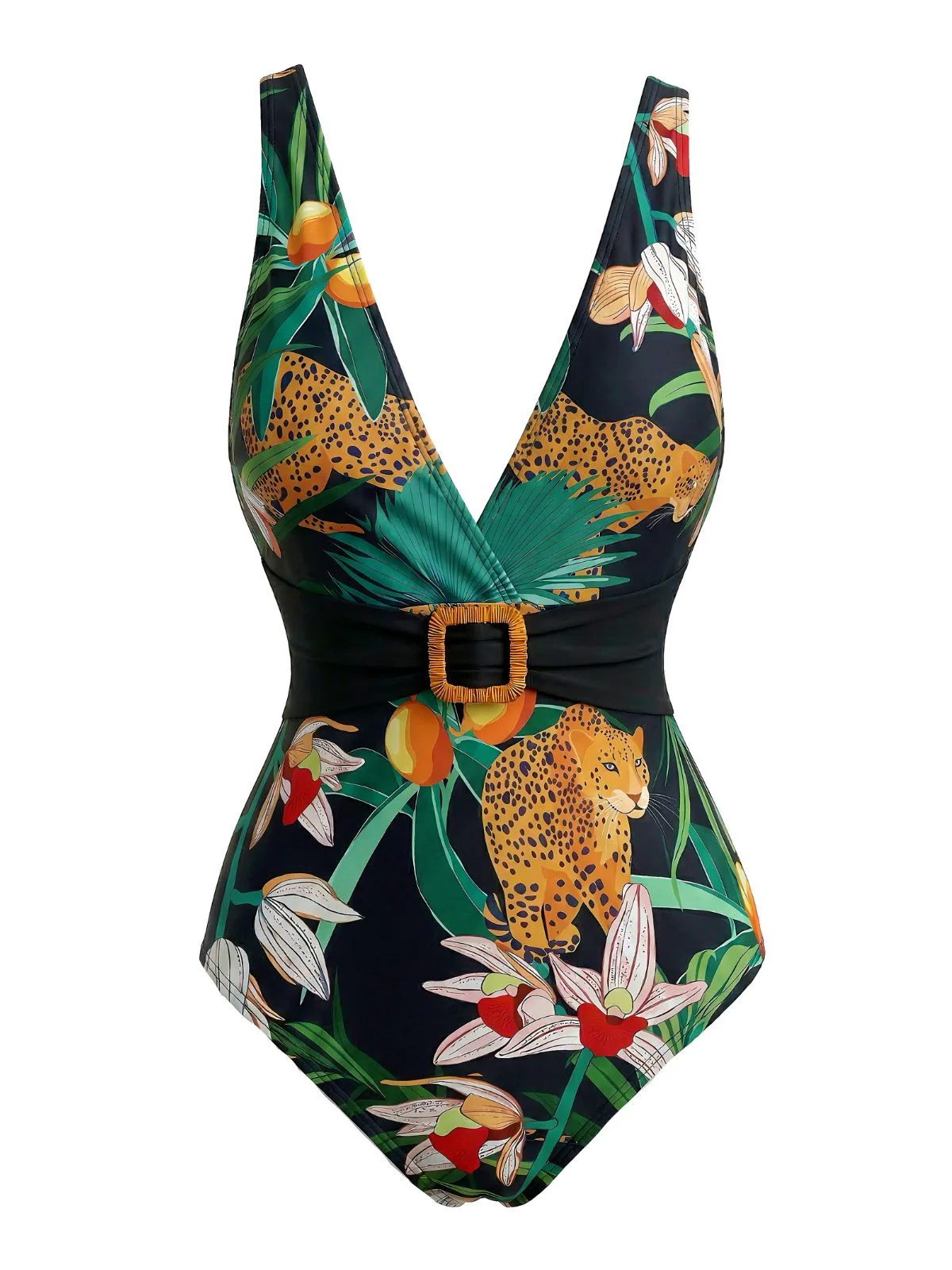 Maillot de bain motif léopard tropical décolleté V et boucle années 50 - Image 2