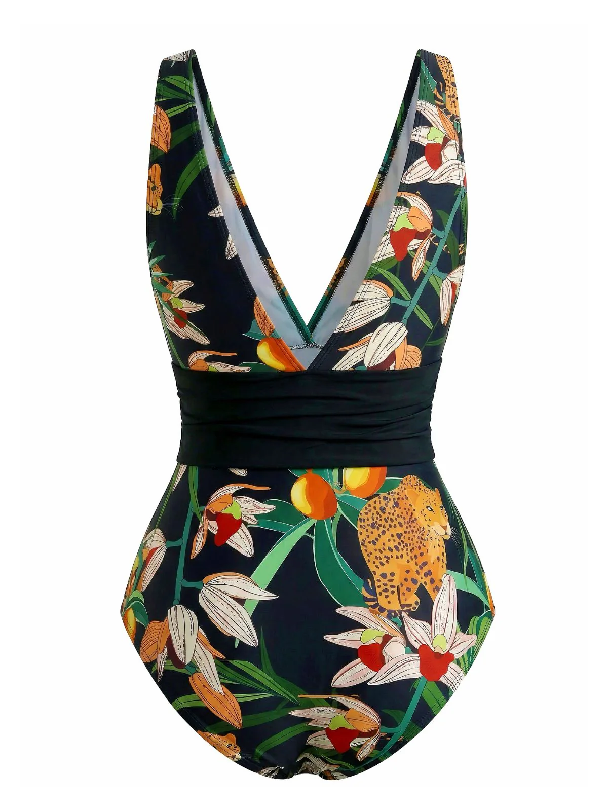 Maillot de bain motif léopard tropical décolleté V et boucle années 50 - Image 3
