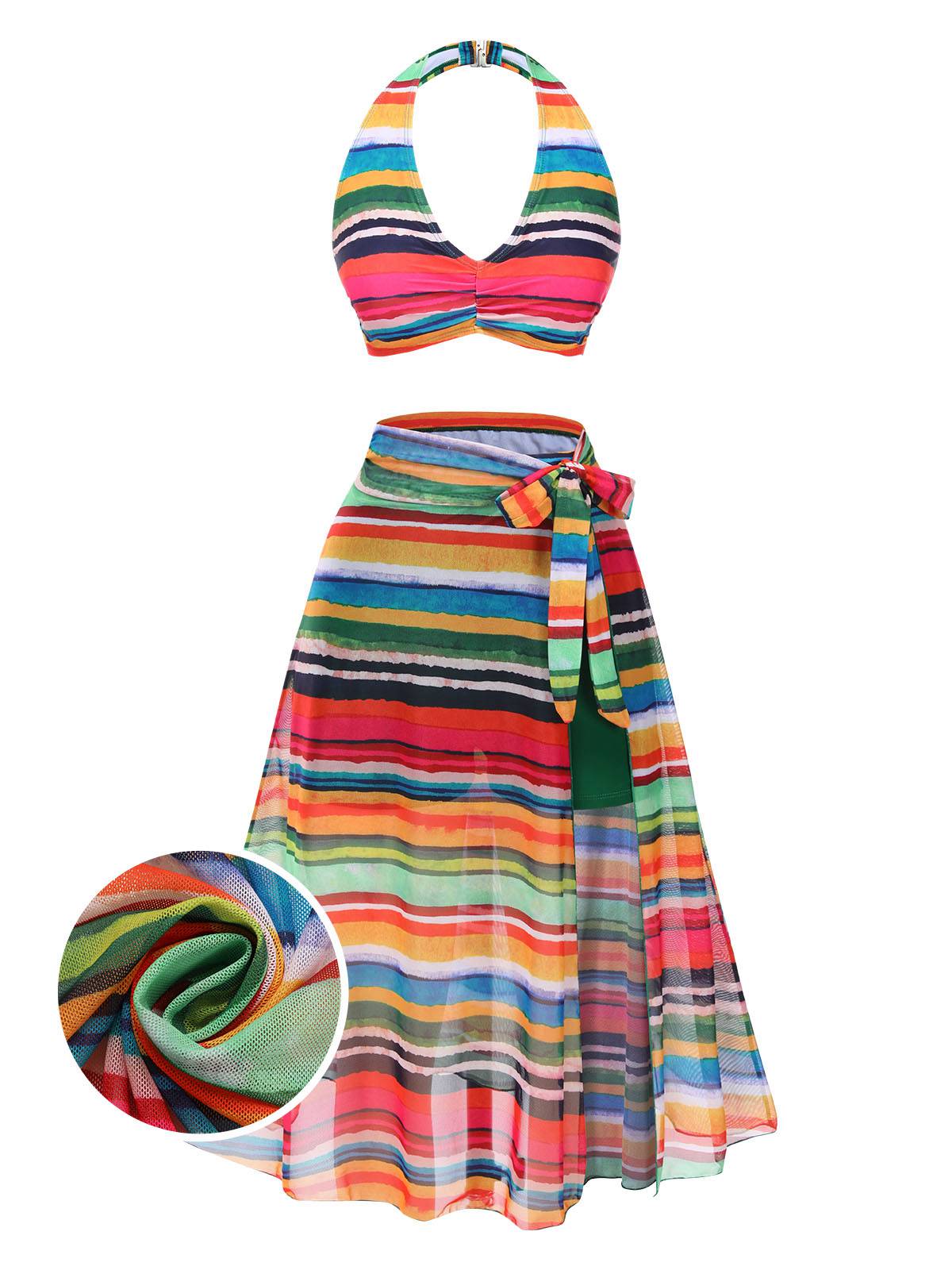 Maillot de bain multicolore à rayures Boho 1970 avec Cache Maillot