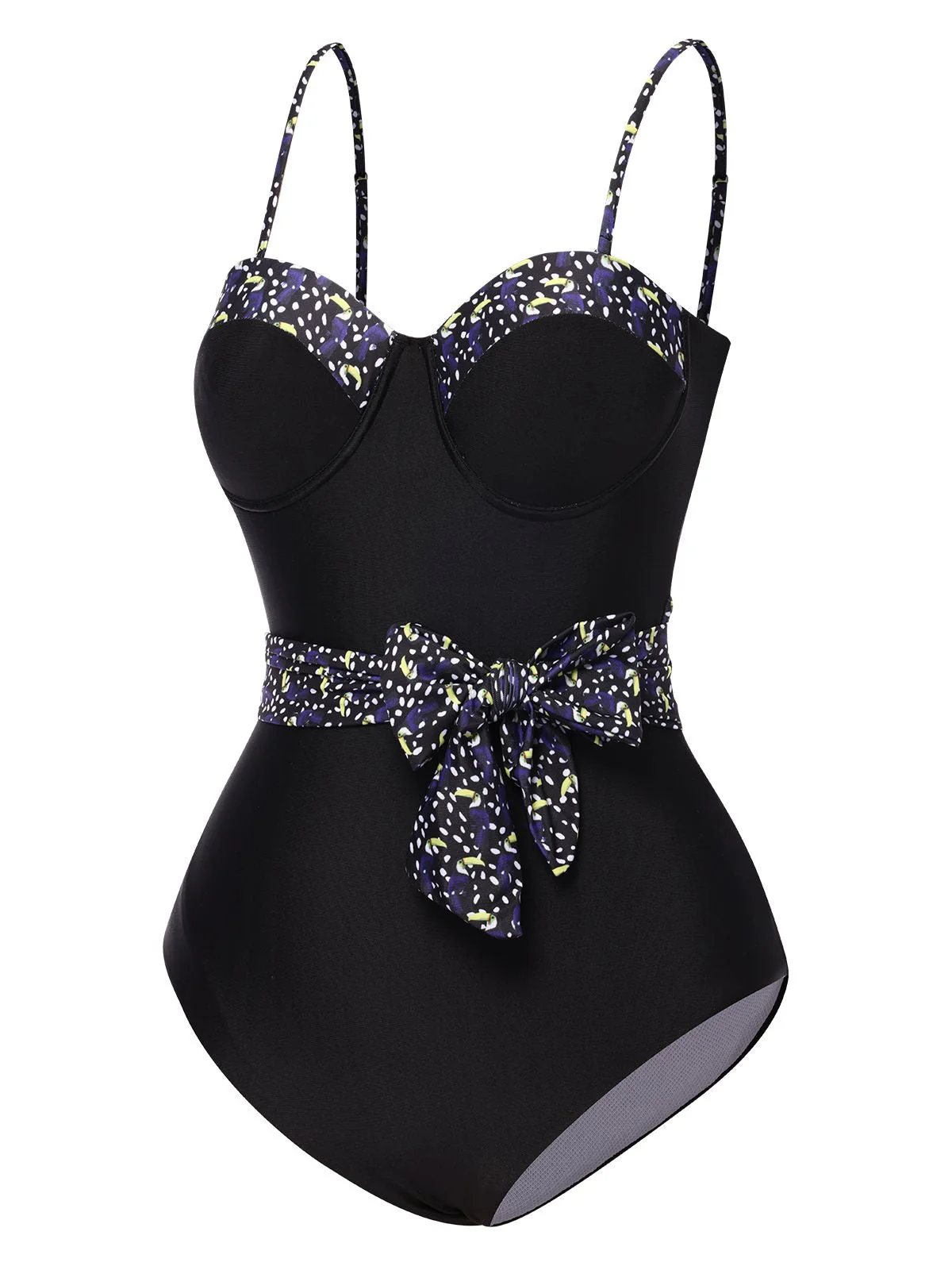 Maillot de bain noir à bretelles spaghetti et nœud à pois des années 1930 - Image 2