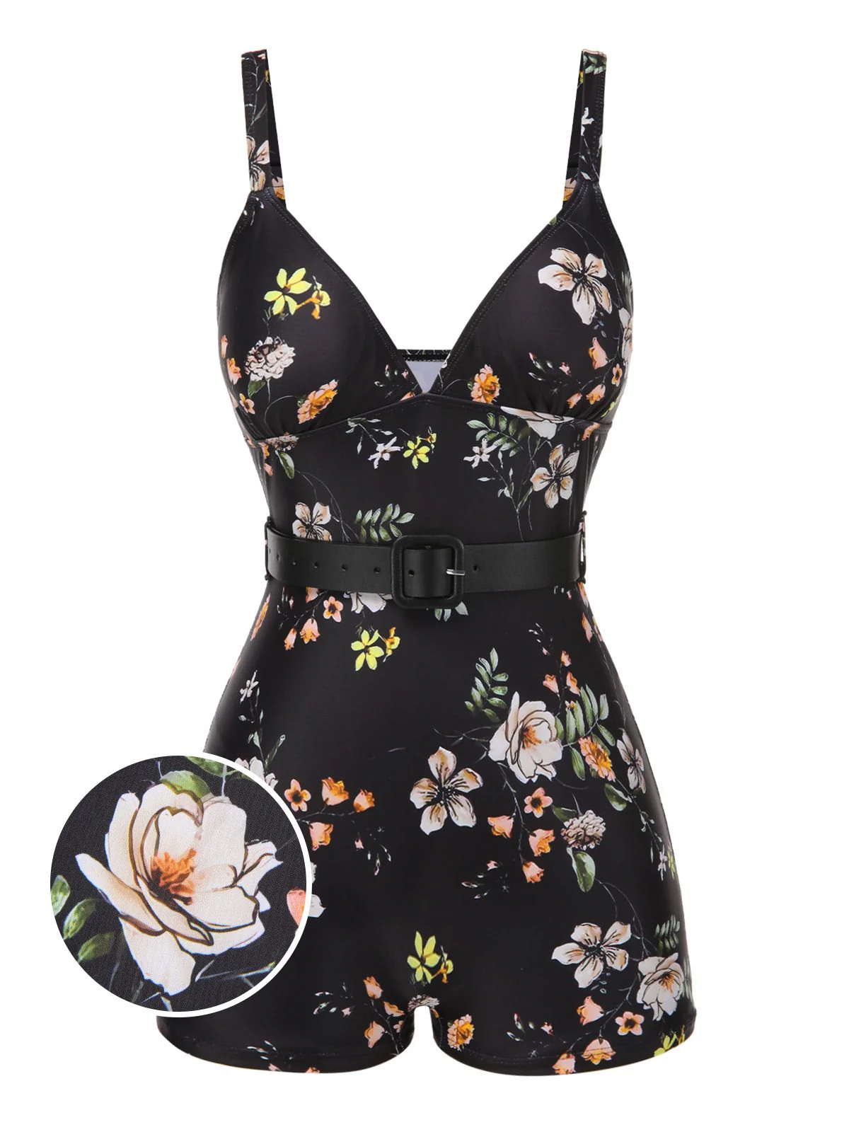 Maillot de bain noir à bretelles boxer fleuries années 40