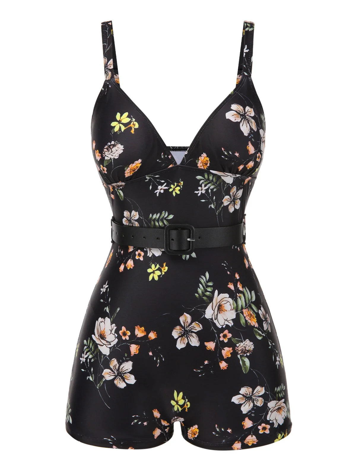 Maillot de bain noir à bretelles boxer fleuries années 40 - Image 2