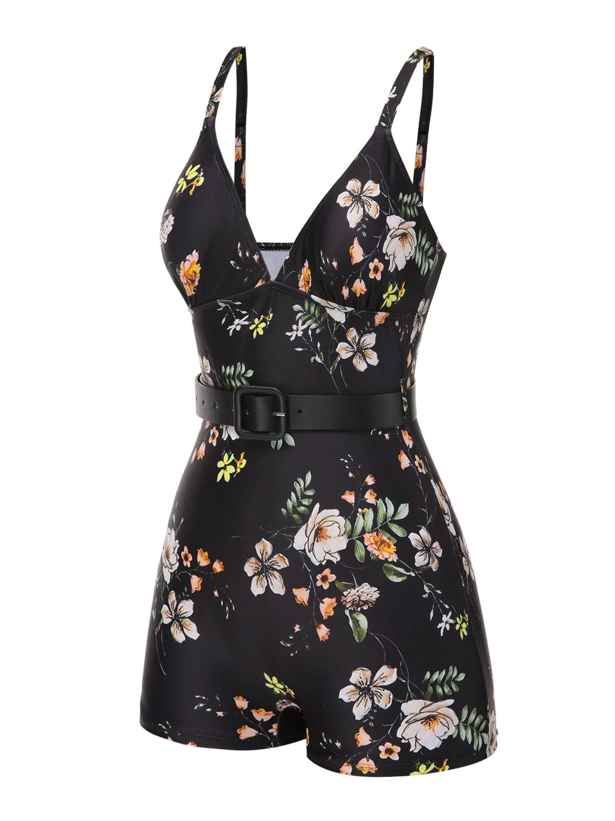 Maillot de bain noir à bretelles boxer fleuries années 40 - Image 3