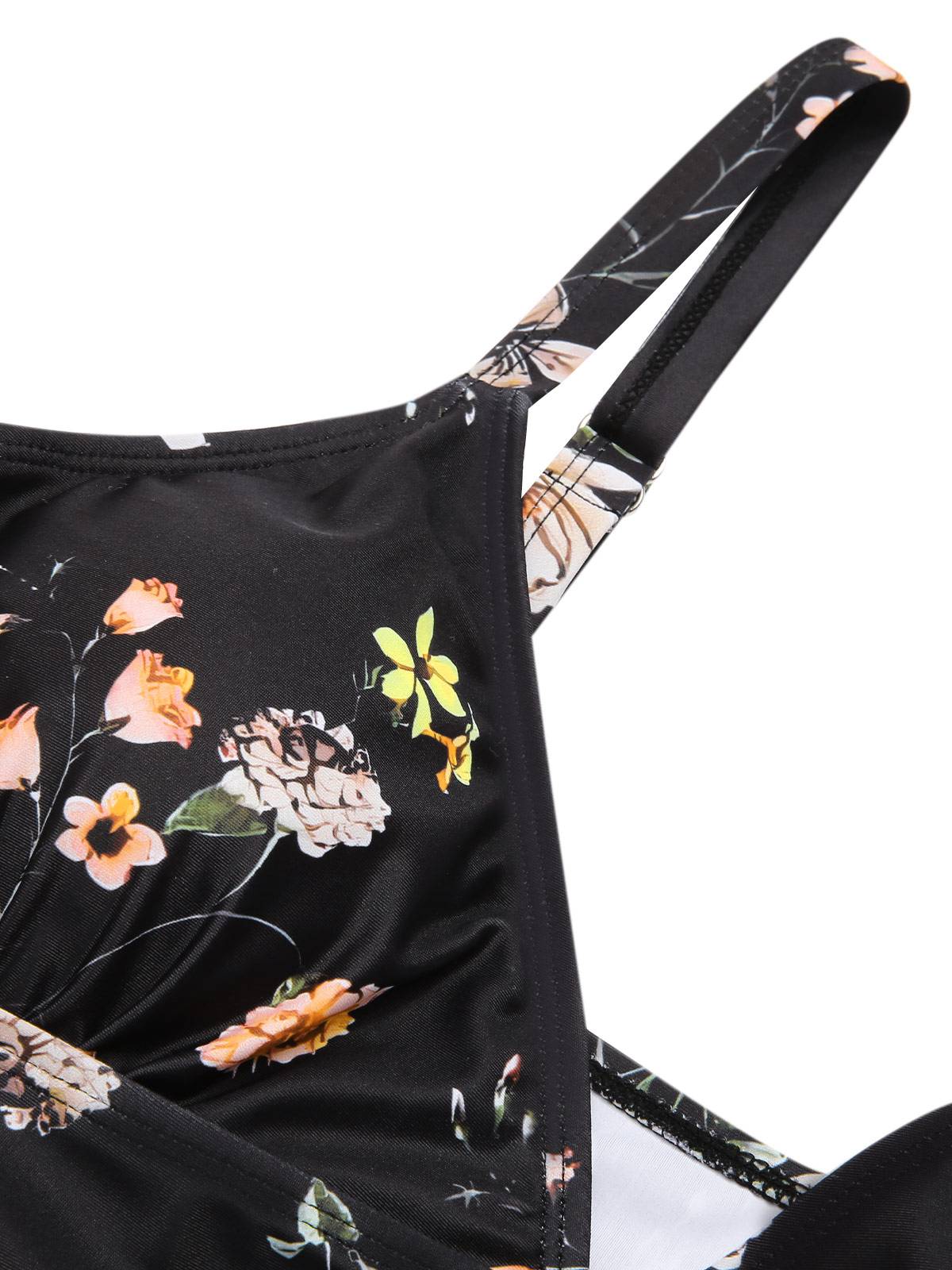 Maillot de bain noir à bretelles boxer fleuries années 40 - Image 5