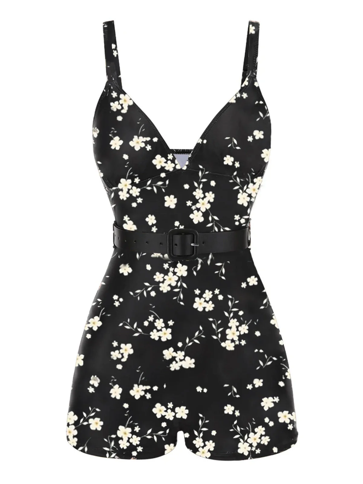 Maillot de bain noir à bretelles boxer fleuries années 40 - Image 8