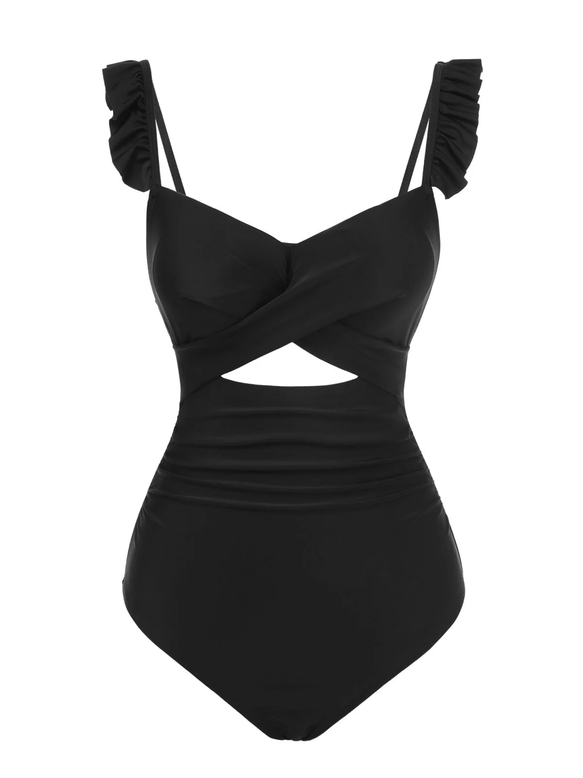 Maillot de bain noir à bretelles unies à volants des années 1950 - Image 2