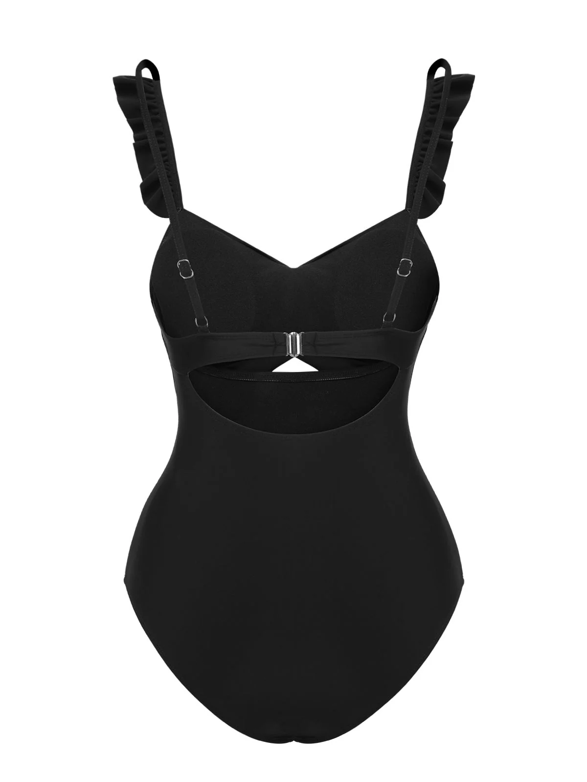 Maillot de bain noir à bretelles unies à volants des années 1950 - Image 3