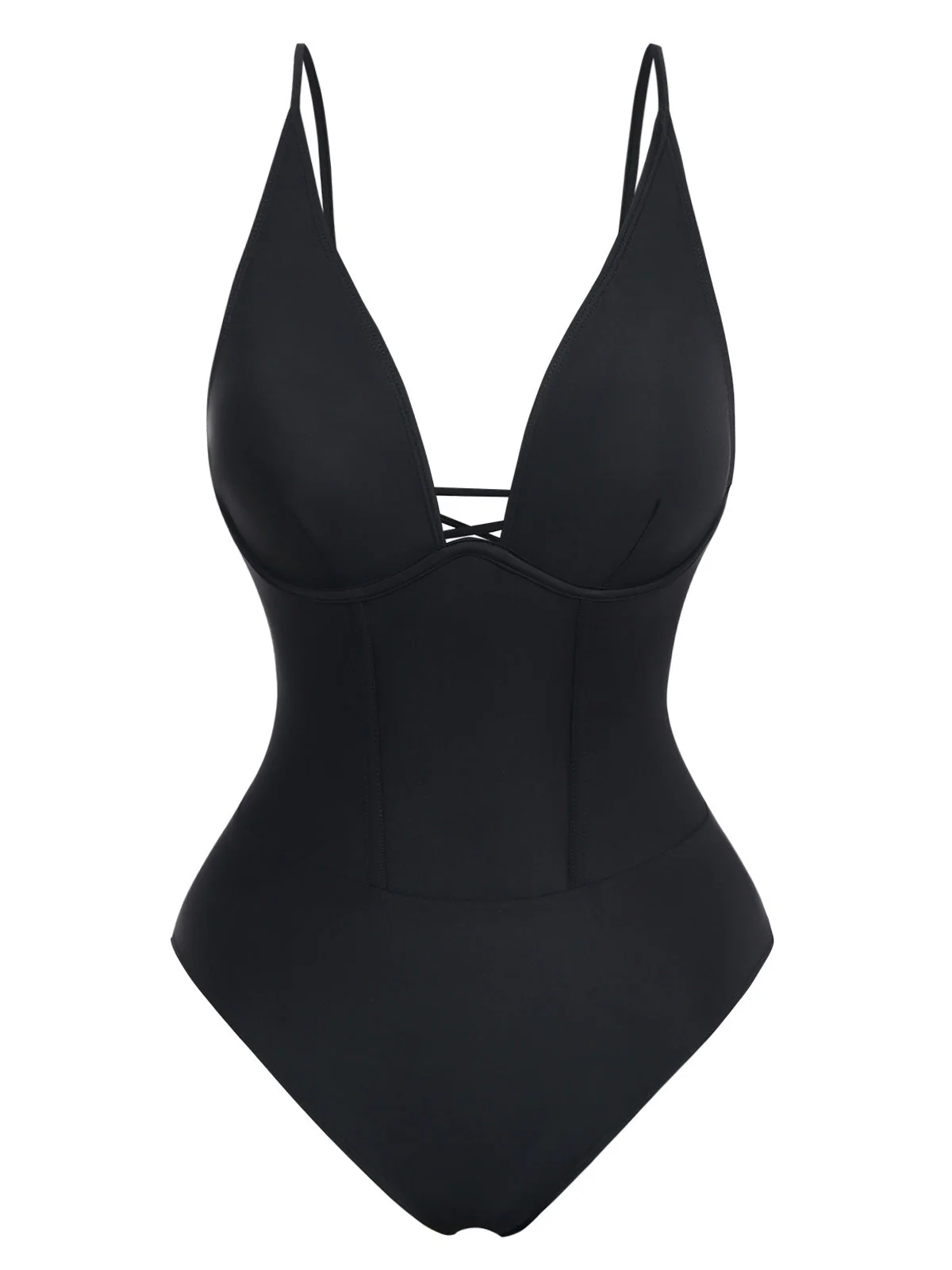 Maillot de bain noir décolleté en V profond effet ventre plat années 1950