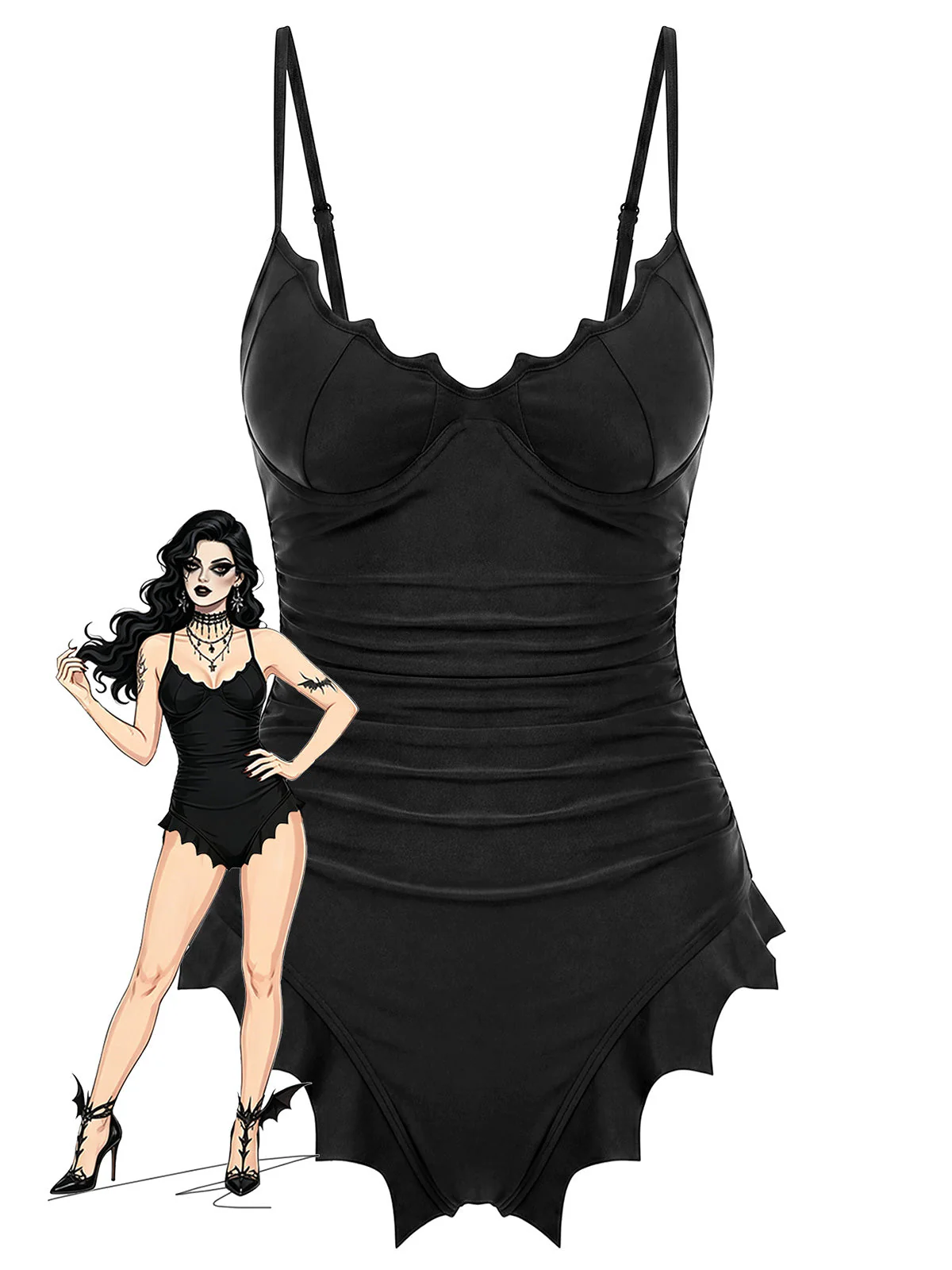 Maillot de bain noir gothique ourlet chauve-souris années 50