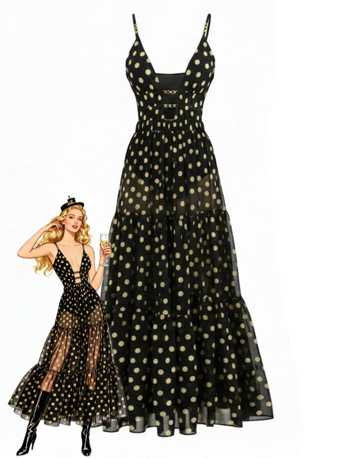 Maillot de bain noir pois et jupe paréo assortie années 80