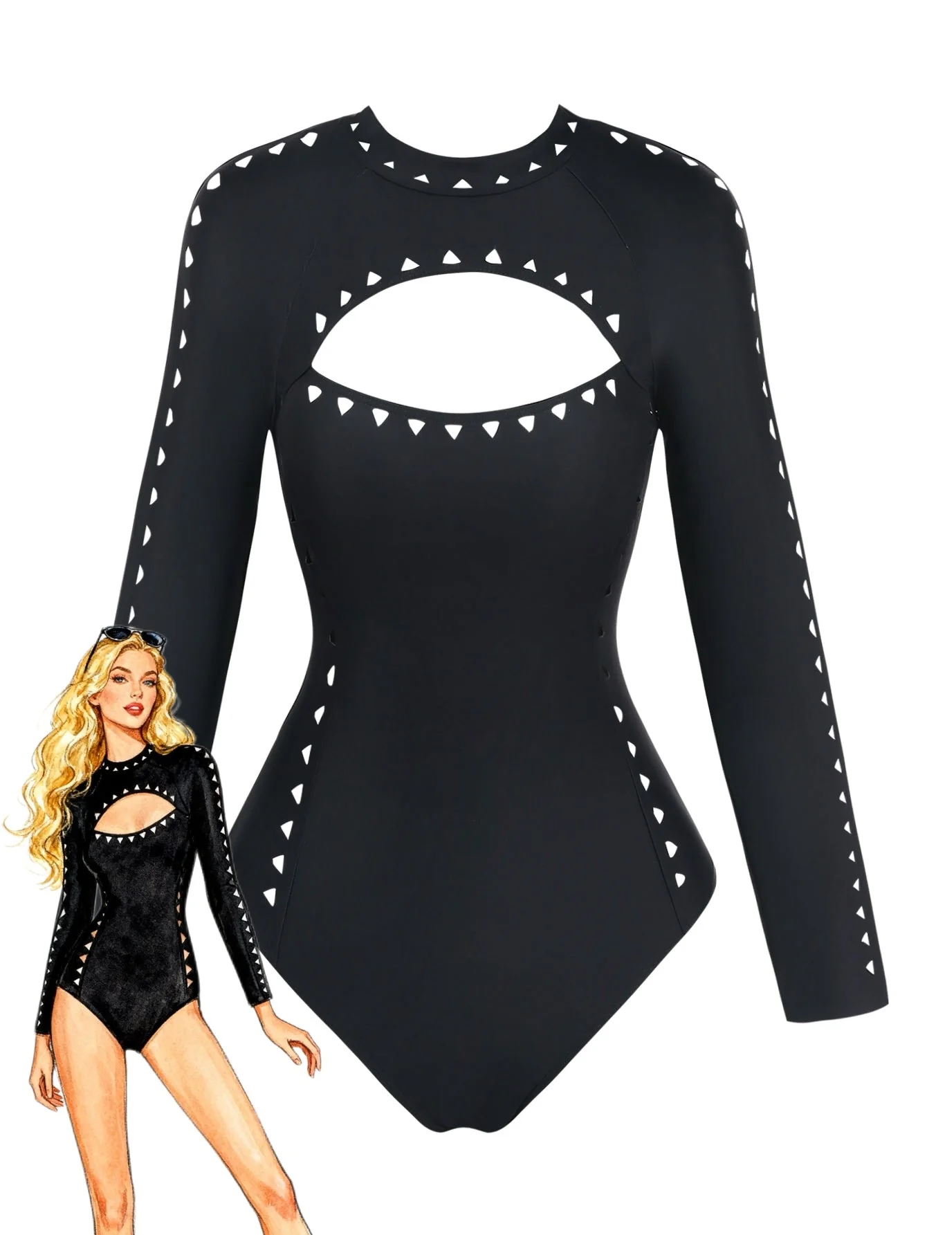 Maillot de bain noir uni découpes et manches longues années 1950