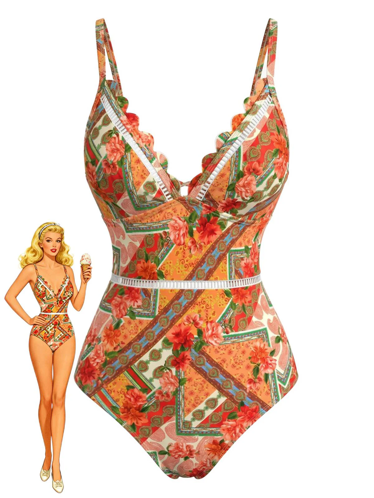 Maillot de bain orange patchwork ajouré et motifs floraux années 1940