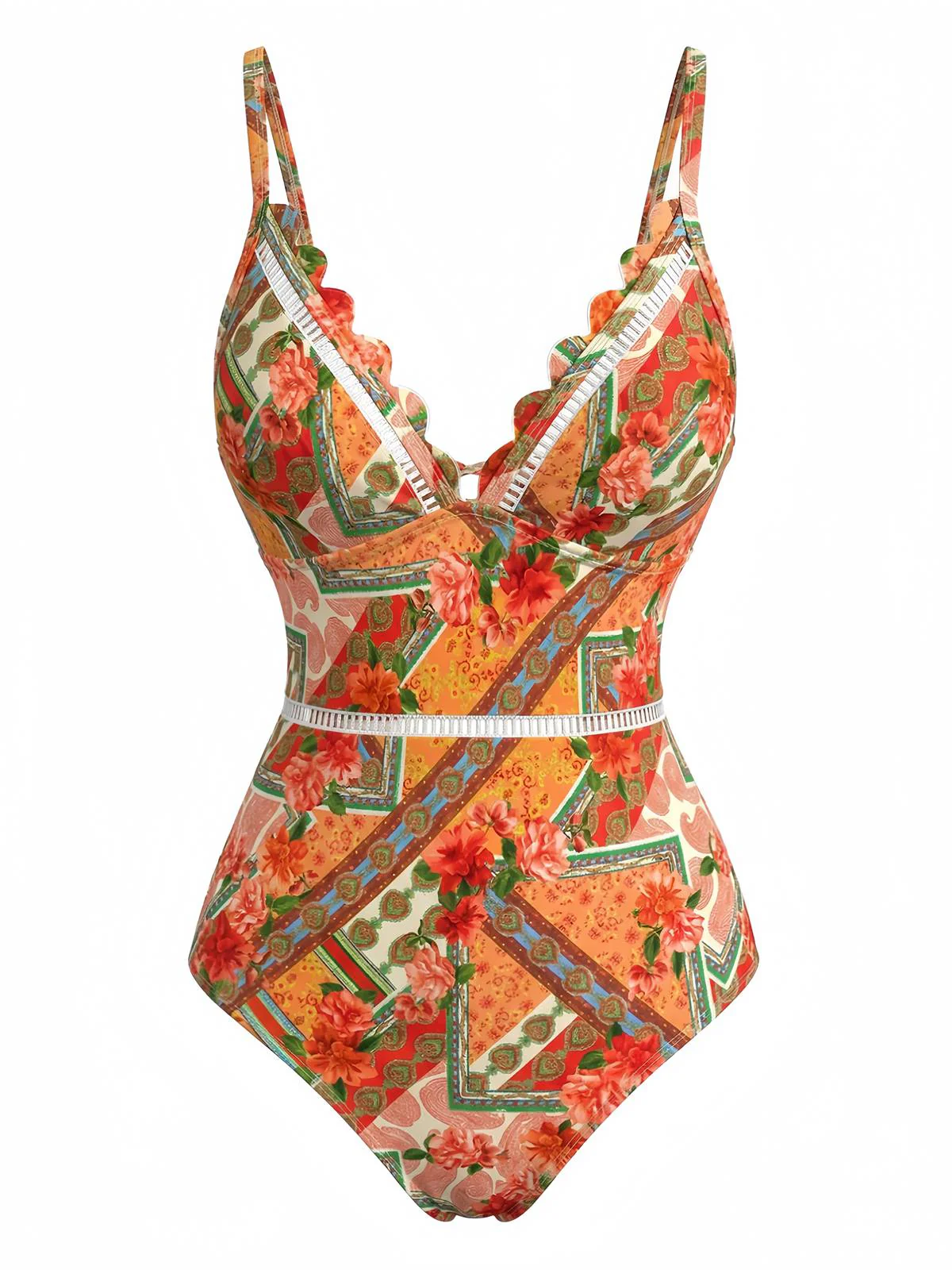 Maillot de bain orange patchwork ajouré et motifs floraux années 1940 - Image 2