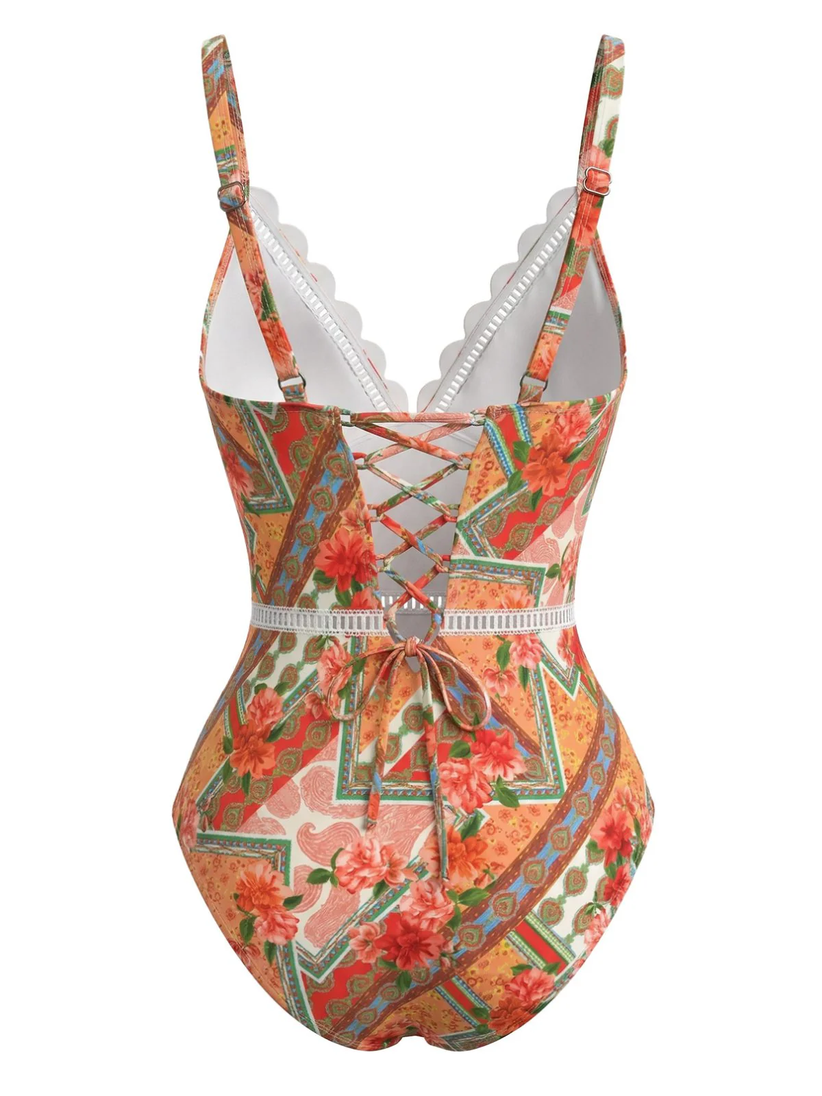 Maillot de bain orange patchwork ajouré et motifs floraux années 1940 - Image 3