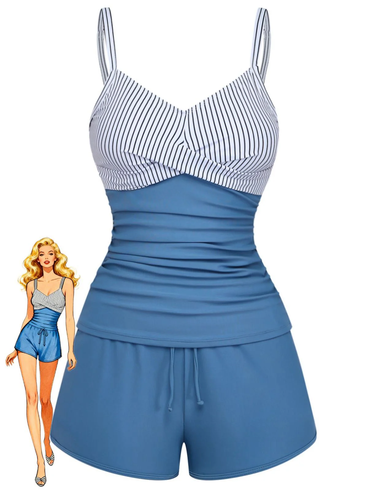Maillot de bain rayé bleu poches et fronces années 1940