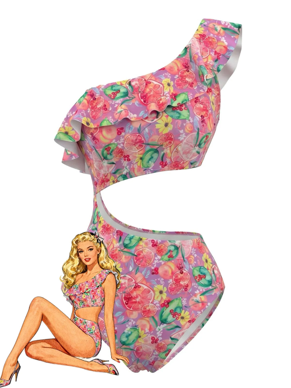 Maillot de bain rose asymétrique motif fruits volants et découpes années 80