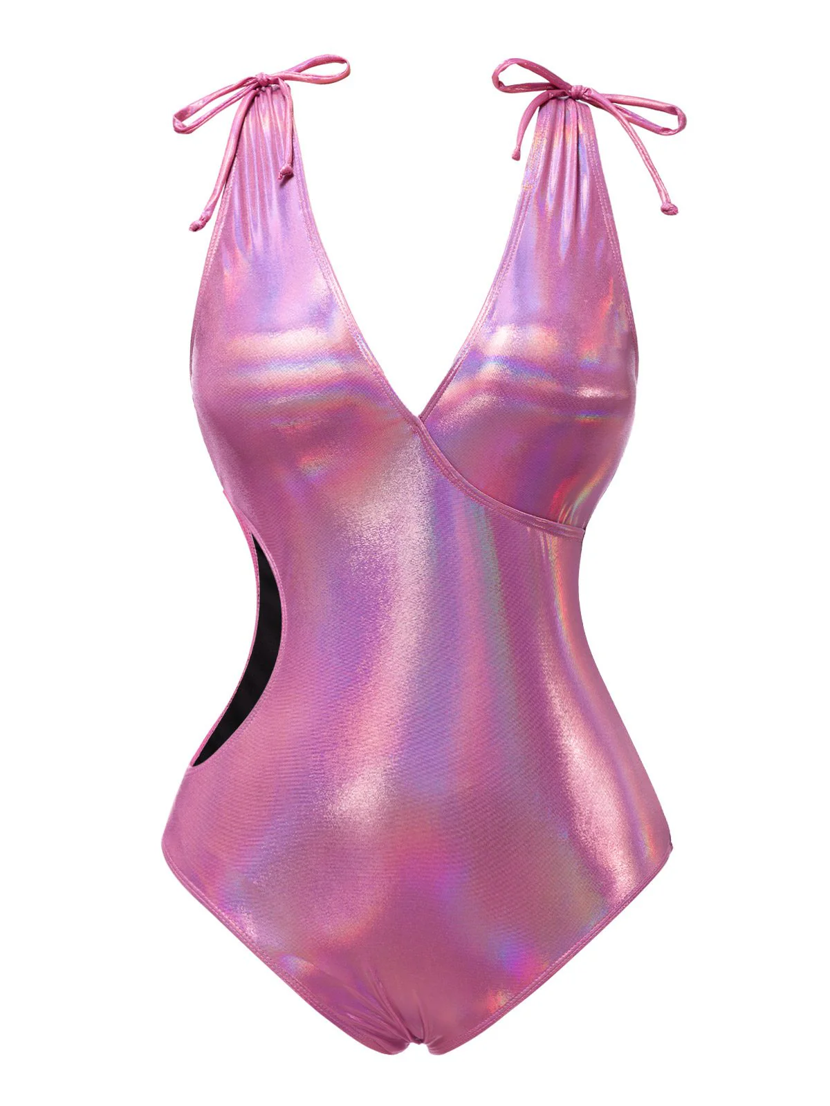 Maillot de bain rose avec nœud profond en V brillant creux années 70 - Image 2