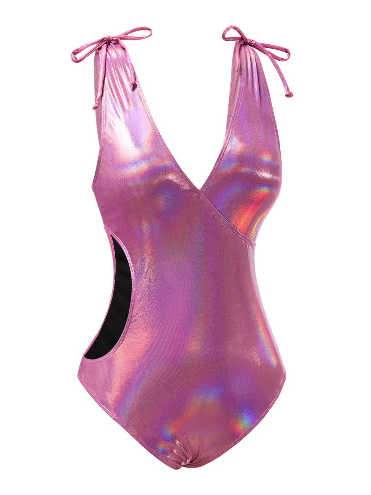 Maillot de bain rose avec nœud profond en V brillant creux années 70 - Image 3