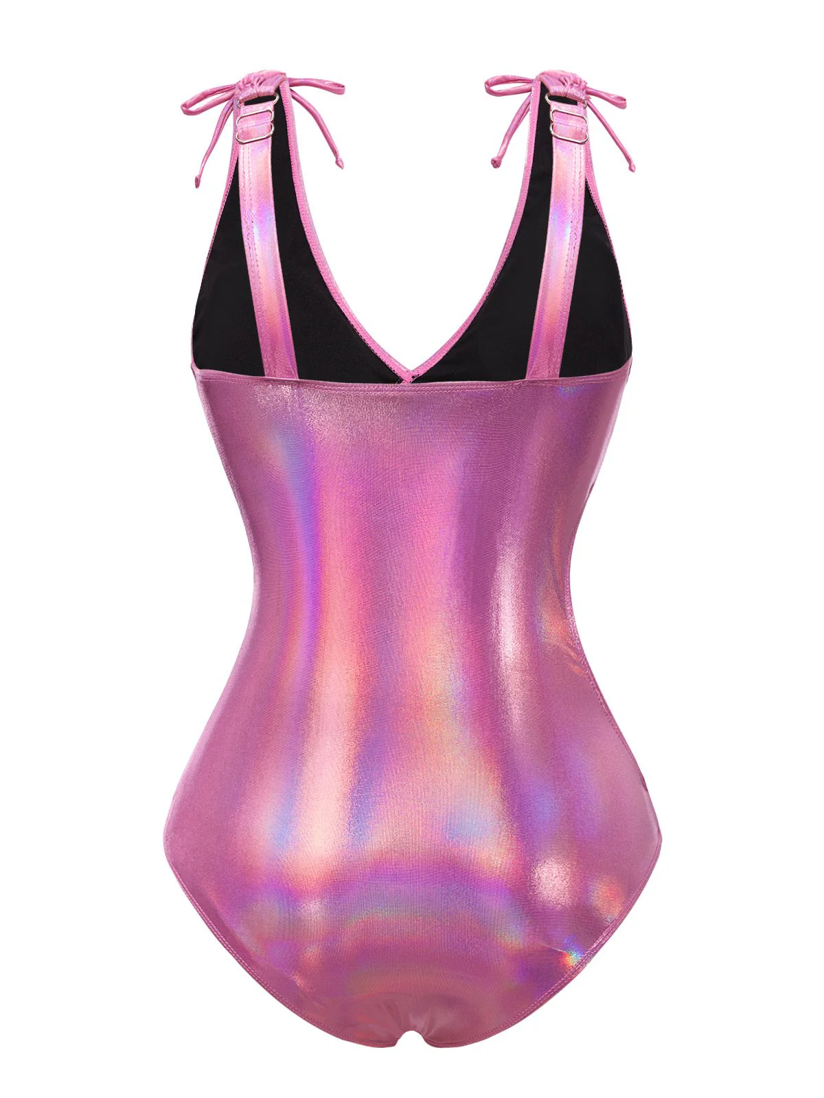 Maillot de bain rose avec nœud profond en V brillant creux années 70 - Image 4