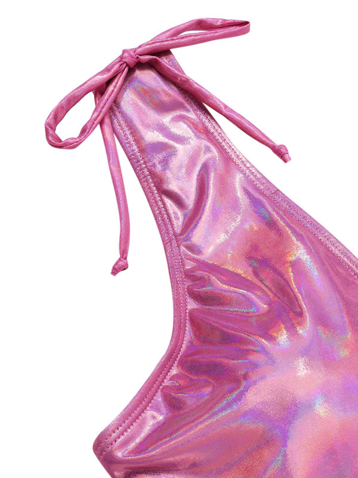 Maillot de bain rose avec nœud profond en V brillant creux années 70 - Image 5
