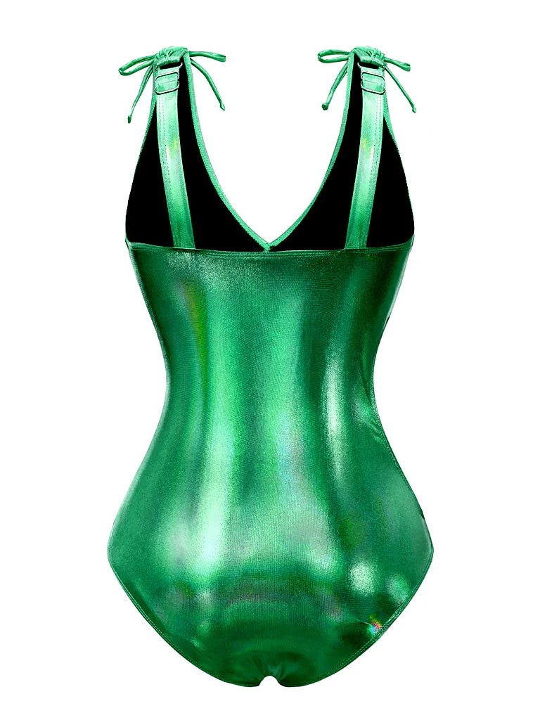 Maillot de bain rose avec nœud profond en V brillant creux années 70 - Image 9