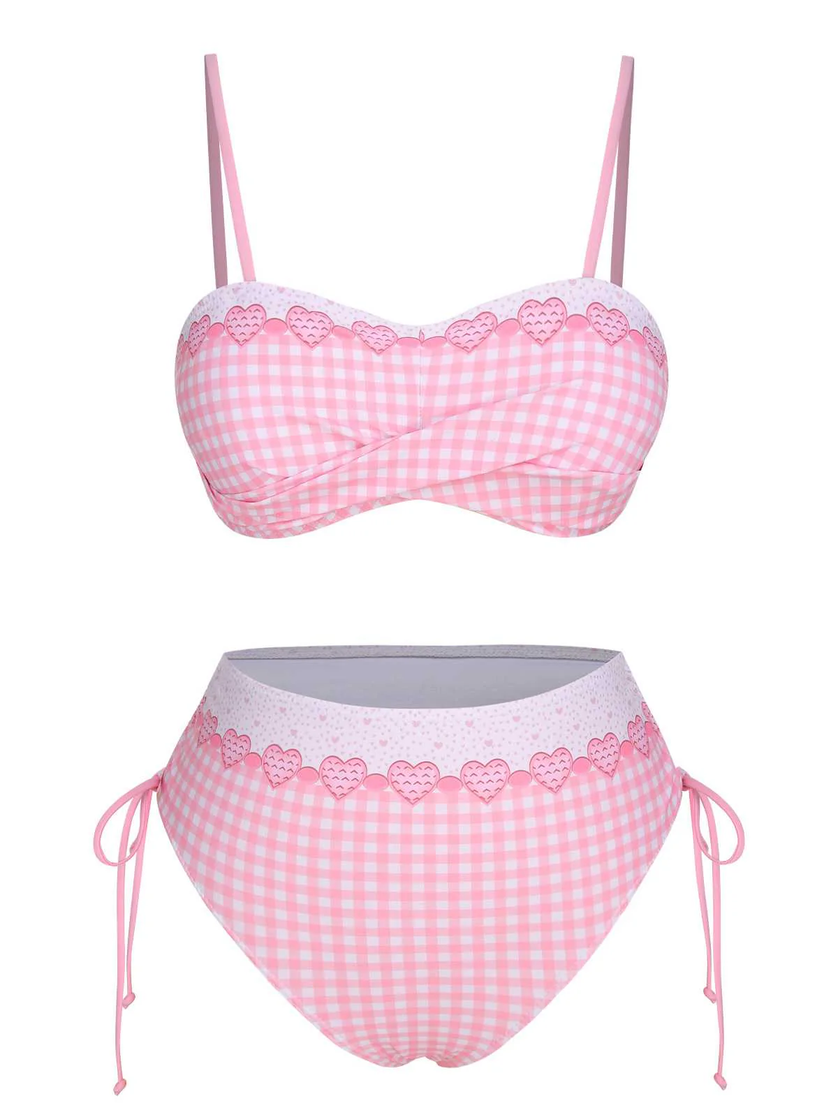 Maillot de bain rose à carreaux coeur et bretelles spaghetti des années 1950 - Image 2