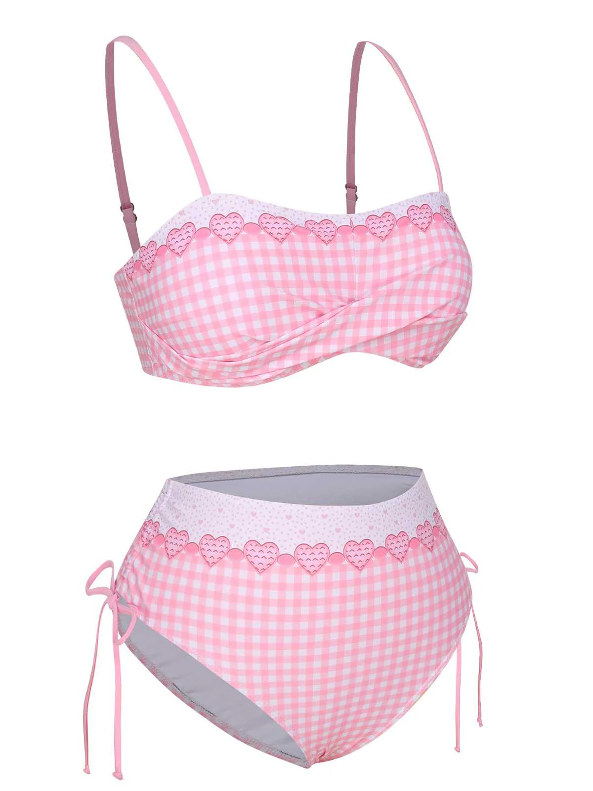 Maillot de bain rose à carreaux coeur et bretelles spaghetti des années 1950 - Image 3