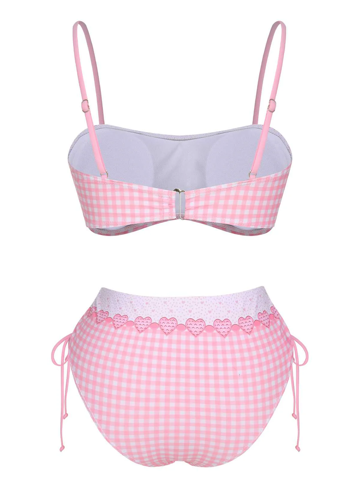 Maillot de bain rose à carreaux coeur et bretelles spaghetti des années 1950 - Image 4