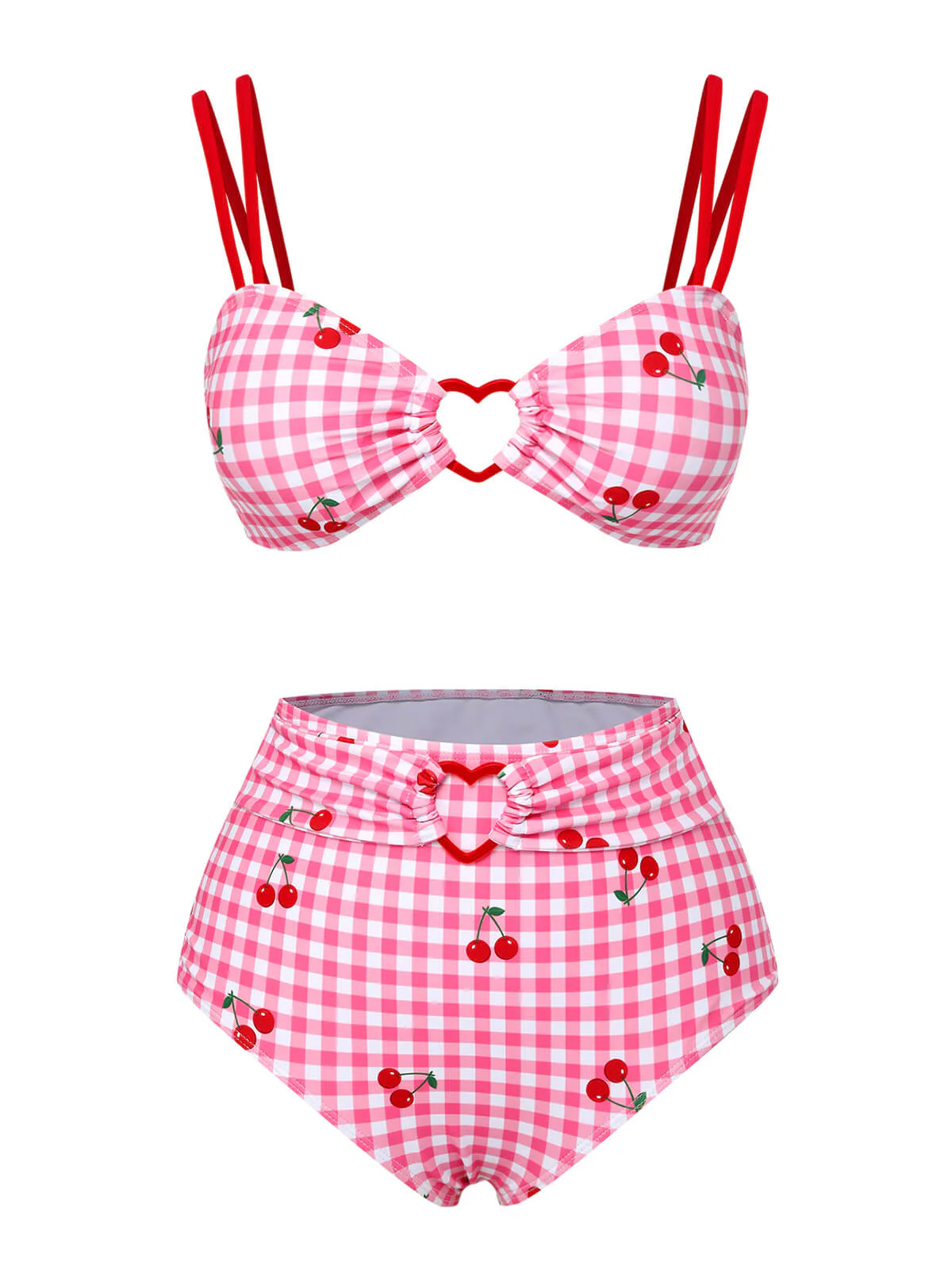 Maillot de bain rose à carreaux et bretelles cerises des années 1950 - Image 2