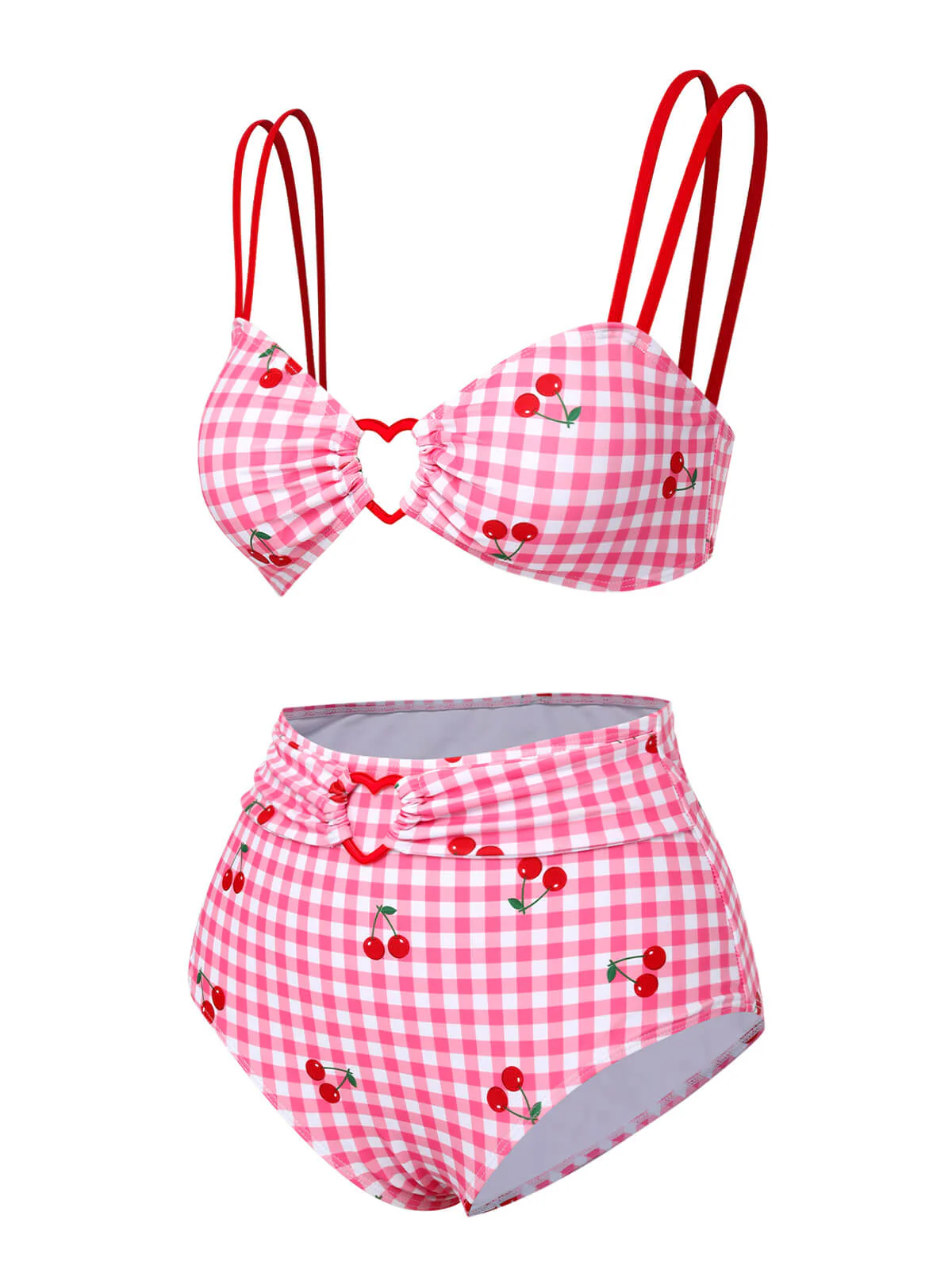 Maillot de bain rose à carreaux et bretelles cerises des années 1950 - Image 3