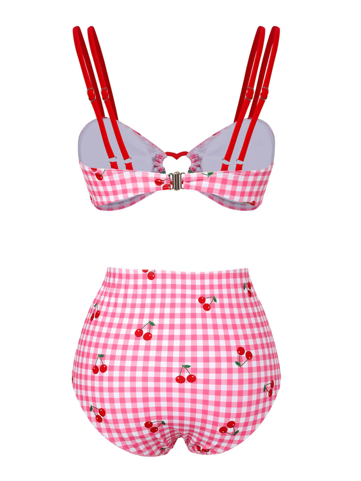 Maillot de bain rose à carreaux et bretelles cerises des années 1950 - Image 4