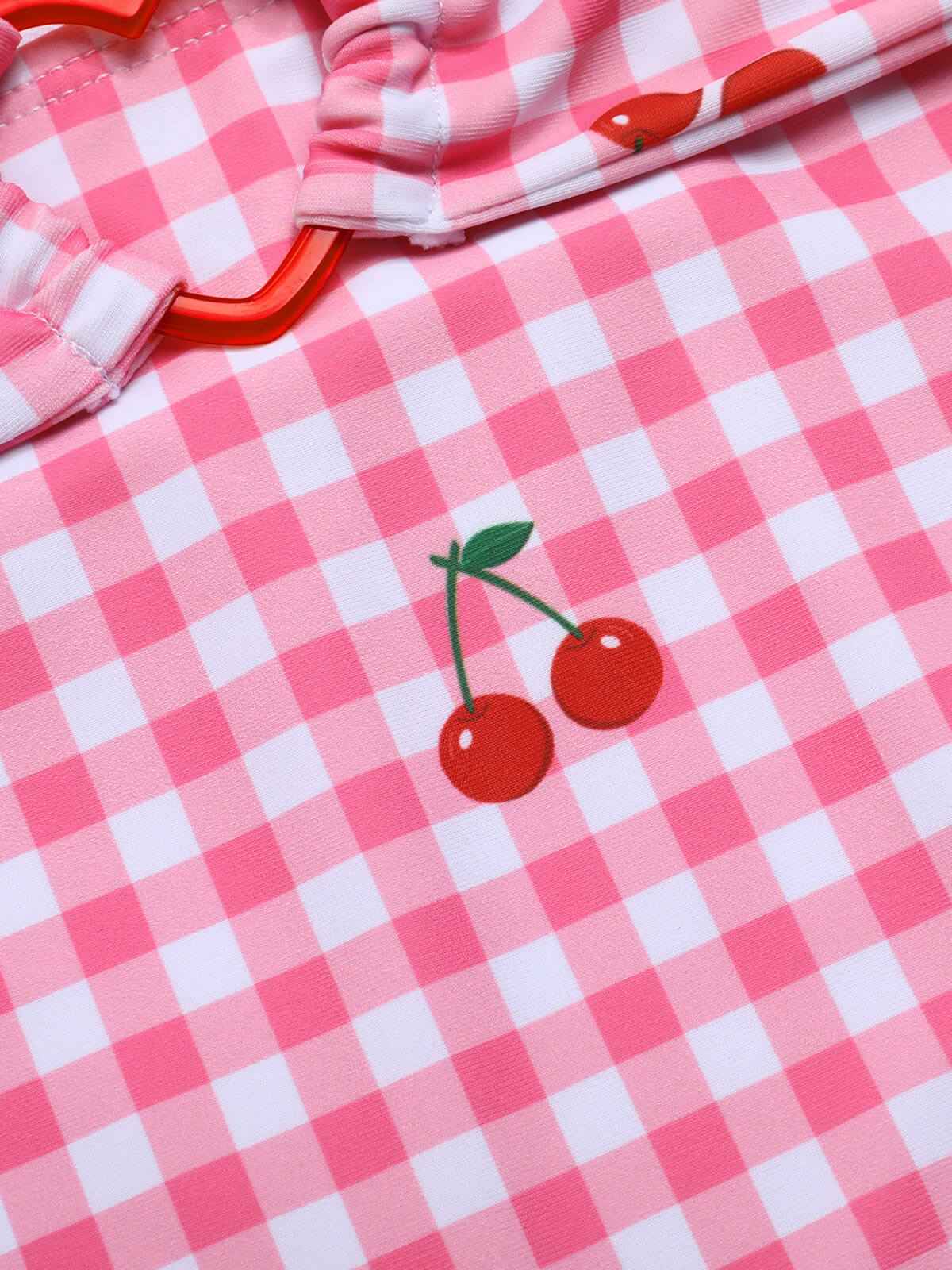 Maillot de bain rose à carreaux et bretelles cerises des années 1950 - Image 6